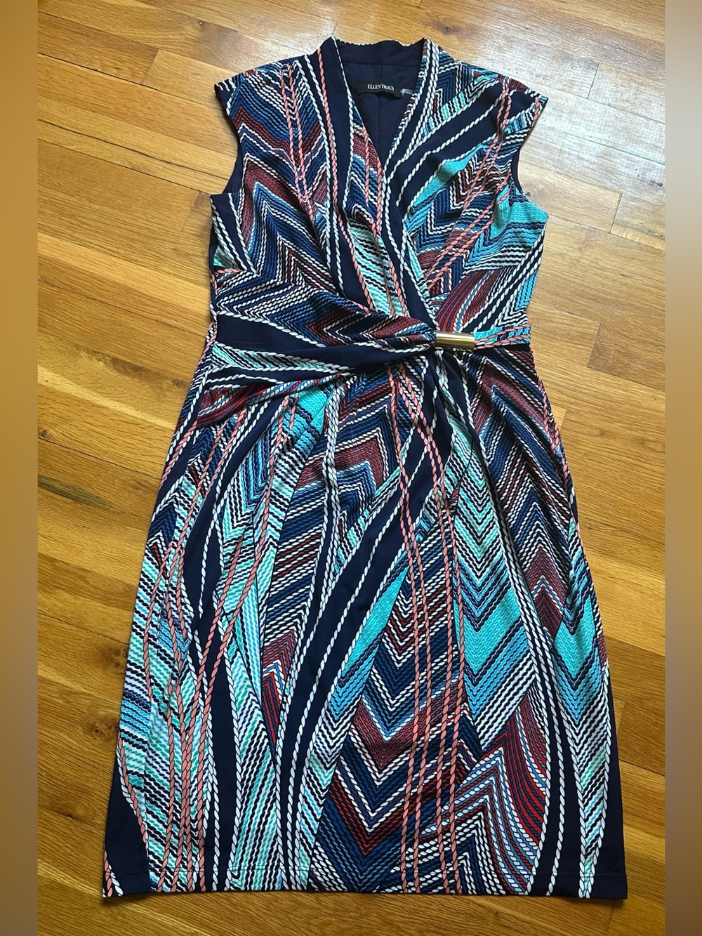 Ellen Tracy Navy, Aqua & Rust Geometric Faux-Wrap Midi Dress
